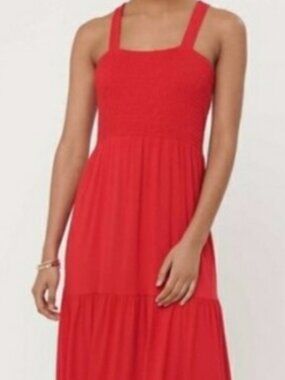 LOFT Red Smocked Bodice Tiered Midi Dress L